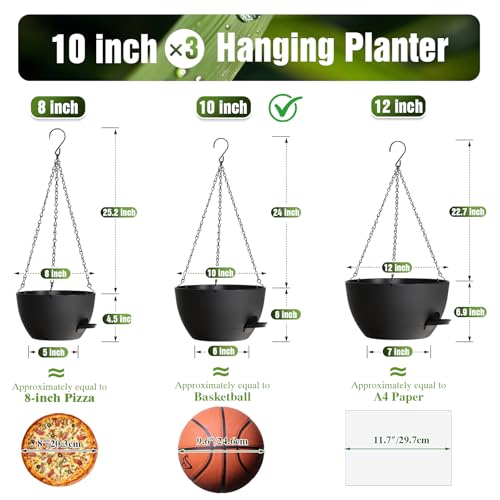 10 Inch Self-Watering Hanging Planters Set of 3 with Saucers - color: Black, size: 10 Inch 3 Pack
