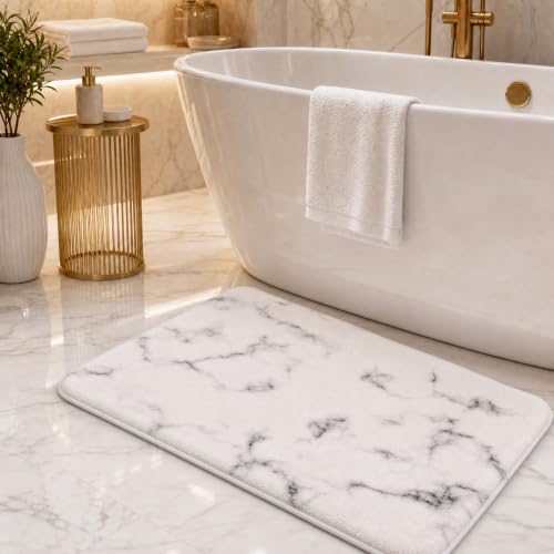 Memory Foam Bath Rug, Extra Thick Fluffy Bathroom Mat, Cashmere-Like Plush Microfiber, Super Water Absorbent Quick Dry, Non Slip Bath Mat for Bathroom Floor, Shower Tub, Marble Home Decor - color: Marble White, size: 1'8" x 2'8" (Oblong)