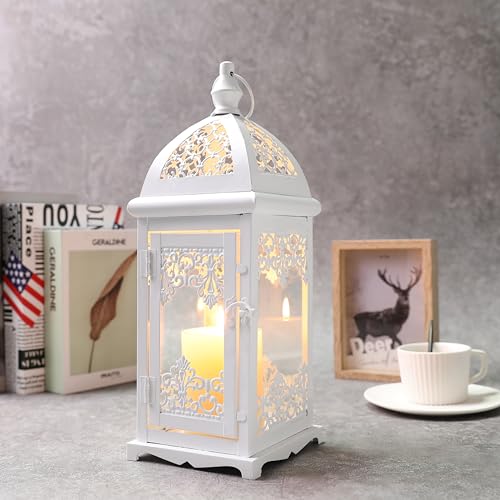 JHY DESIGN Filigree Decorative Candle Lantern 15''High Metal Candle Lanterns Vintage Style Hanging Lantern Decorations with Glass for Indoor Outdoor Events Parities Weddings (White) - color: White With Gold Brush