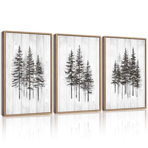 KUVIOKE Woodcut Pine Tree Framed Wall Art Nature Abstract Forest Wall Decor Rustic Minimalist Painting for Bedroom Dining Room 16x24in (Natural Framed) - color: Wooden Pine, size: 16 x 24in x 3 Panels Natural
