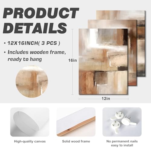 LYYGLYY 3Pcs Framed Abstract Brown Canvas Wall Art 12x16 Inches - color: Brown Relief Sculpture, size: 12x16 Inches