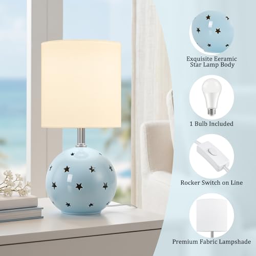 Small Table Lamp, 14" Blue Ceramic Bedside Lamp for Girls Kids Bedroom,Dorm - color: Blue