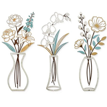 CarryWise 3 Piece Metal Flower Wall Art for Bedroom Living Room, Flower Blue gold - color: Blue Gold & Vase Flower