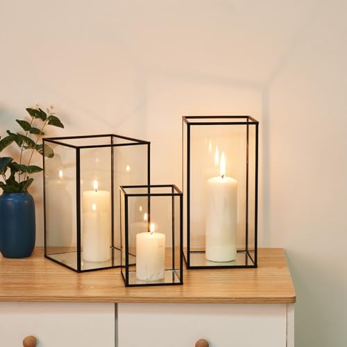 PHOSPHOR Glass Hurricane Candle Holder Set of 3 PCS Large Glass Square Candle Holder Black Lanterns Decorative for Pillar Candle Indoor Candle - color: Black 3pcs-large