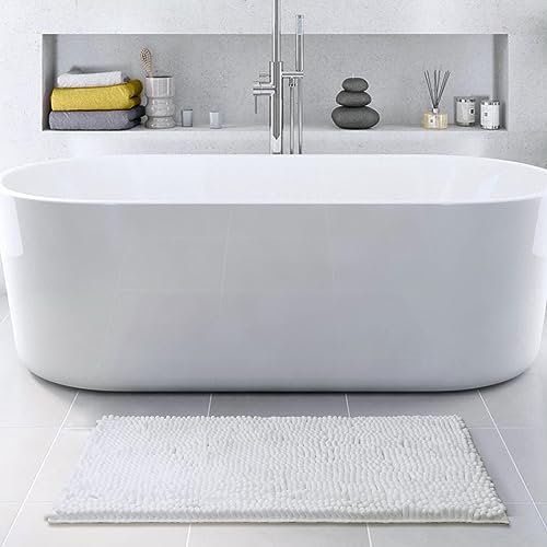 FRESHMINT Large Chenille Bathroom Rugs Mat 36”x24”, Non-Slip Bath Matf or Bathroom Floor & Bathtub, Washable Shower Shag Bath Rugs, Soft Fluffy Thick Water Absorbent Microfiber Shower Mat, White - color: White, size: 2' x 3' (Rectangular)