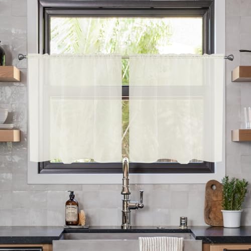 youleyar Solid Sheer Rod Pocket Curtain Voile Draperies 2 Panels White Beige Black Ivory Coffee 26 Inch Width 24 Inch Long 1 Pair for Kitchen Bedroom Children Living Room Yard(Ivory,26Wｘ24L) - color: Ivory, size: 26"W x 24"L (Pack of 2)