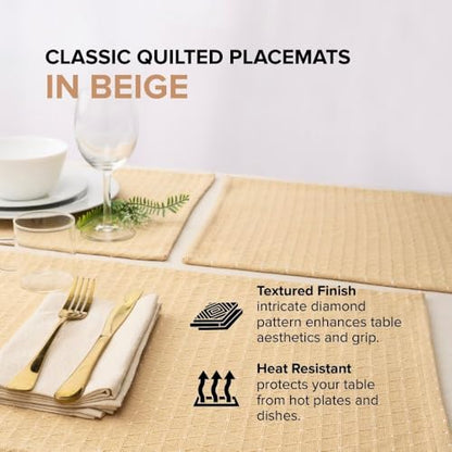 Cotton Placemats Set of 6-13x19 Inch, Diamond Quilted Place Mats, Durable & Elegant for Dining Table, Wedding, Restaurant, Machine Washable, Oeko-TEX Certified - Beige - color: Beige - Diamond Quilted