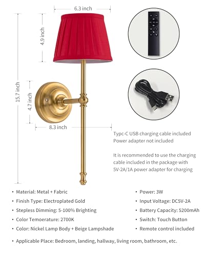KDG Gold Cordless Wall Sconces Set of 2, Red Fabric LED Wall Lamps - color: Gold + Red Lampshde (2 Pack)