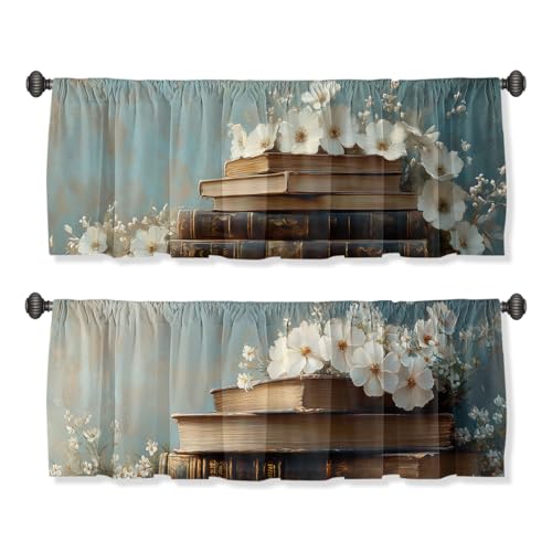 Vintage Book Curtain Valance for Windows 2 Pack Oil Painting Retro Flower Watercolor Rod Pocket Window Treatments Short Curtains for Kitchen Windows Bathroom Bedroom 54x18 Inch - color: Vintage Book