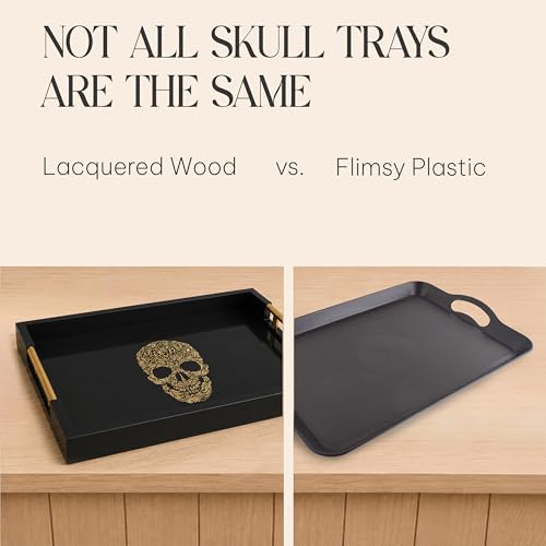 Gothic Skull Serving Tray, Black Gloss, Gold Handles by Death Decor - style: SKULL