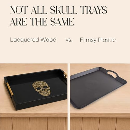 Gothic Skull Serving Tray, Black Gloss, Gold Handles by Death Decor - style: SKULL
