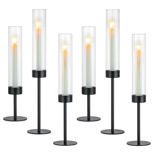 Hewory Black Taper Candle Holders: Candlestick Holders Set of 6 Hurricane Glass Tall Candle Holder for Candlesticks Candle Sticks Holder Decor for Table Centerpiece Wedding Party Christmas Decorations - color: Black, size: 6PCS
