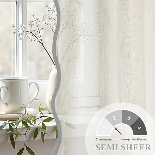 DriftAway Semi Sheer Scalloped Edge Linen Coastal Beach Window Curtains for Living Room Bedroom 2 Panels Rod Pocket Each Size 52 Inch by 90 Inch Gray - color: Linen Gray, size: 52"W x 90"L (Pack of 2)