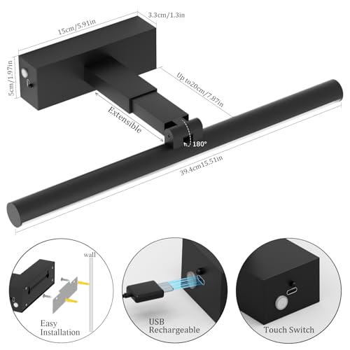 Battery Operated Picture Light15.5Inch with Remote,10000mAh Rechargeable Wireless Picture Light for Wall 3CCT Dimmable Frame Lights for Gallery Painting - color: Black