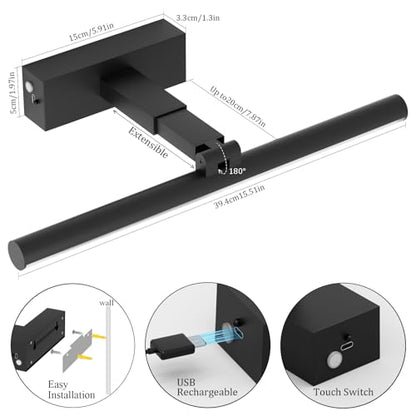 Battery Operated Picture Light15.5Inch with Remote,10000mAh Rechargeable Wireless Picture Light for Wall 3CCT Dimmable Frame Lights for Gallery Painting - color: Black