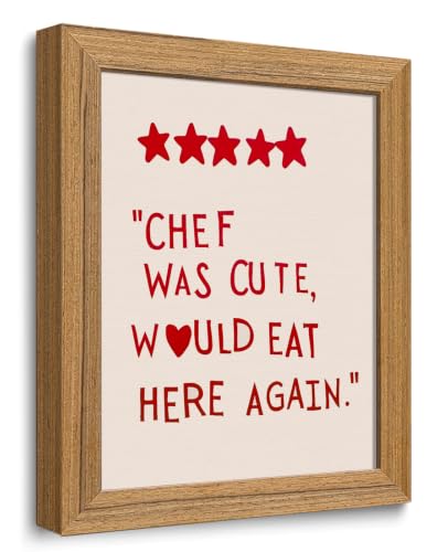 Funny Kitchen Wall Art 5 Star Review Quote Canvas Print Chef Was Cute Would Eat Here Again Red Text Wall Decor for Cafe Bistro Kitchen Dining Room Framed 8x10 inch - color: chef, size: 10"L x 8"W