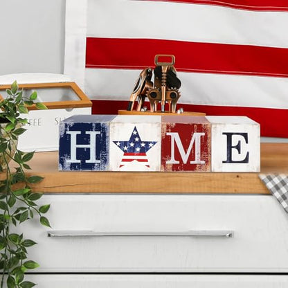 COCHIE 4th of July Decorations Wooden Stars, Patriotic Memorial Day Star Tiered Tray Decor Set of 4, Fourth of July Red White Blue Decoration for Home Office Table Shelf - style: USA HOME Sign