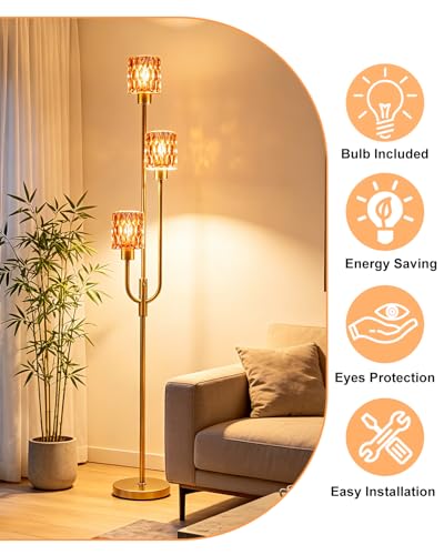 66IN Glass Floor Lamp 3-Light Modern Red Glass Gold Dimmable Floor Lamps - color: Deep Red Cylinder-Gold