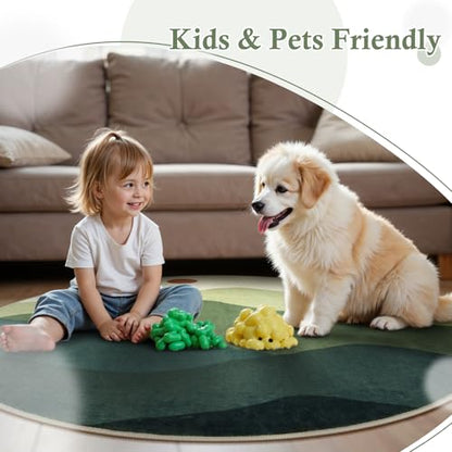 5ft Abstract Green Round Rug, Large Mountain Sunrise Circle Area Rug - color: Green, size: 5' (Round)