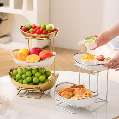 Gold Silver Fruit Bowl with Metal Stand, 3 Tier Ceramic White Fruit Bowl Fruit Rack for Kitchen Counter, Tiered Fruit Basket for Snacks Bread Candy Storage (White B (Smooth Surface)) - color: White B (Smooth Surface)
