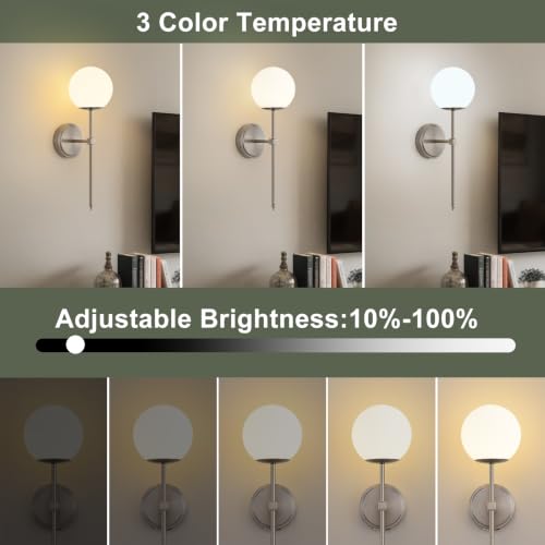 Globe Battery Operated Sconce Set of 2 with Clear Glass Lampshade - color: Brushed Nickel-Frosted White