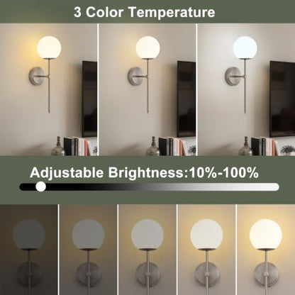 Globe Battery Operated Sconce Set of 2 with Clear Glass Lampshade - color: Brushed Nickel-Frosted White