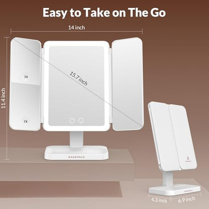 EASEHOLD Trifold Lighted Makeup Vanity Mirror with 1X/2X/3X Magnification - color: A-white- 2000 Mah Rechargable