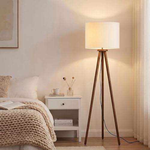 Buruis 60.6 Inch Walnut Wood Tripod Floor Lamp with Linen Drum Shade, Beige - color: Beige