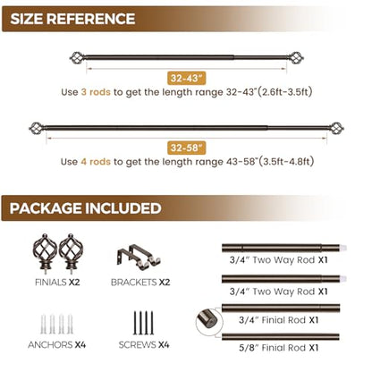KAMANINA Bronze Curtain Rod 32 to 58 Inch(2.6-4.8ft), Adjustable Curtain Rods for Windows 28 to 48 Inch, 3/4 Inch Splicing Drapery Rods with Twisted Cage Finial (Pack of 2) - color: Bronze, size: 32-58" (Pack of 2)
