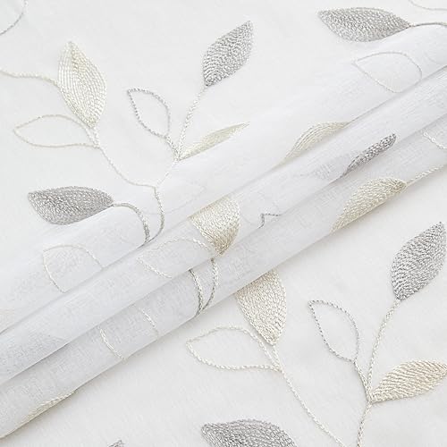 Bujasso Embroidered Leaf Sheer Curtains, Gray Beige 38" Wx90 Lx2 - color: Yellow Grey, size: 38"W x 90"L (Pack of 2)