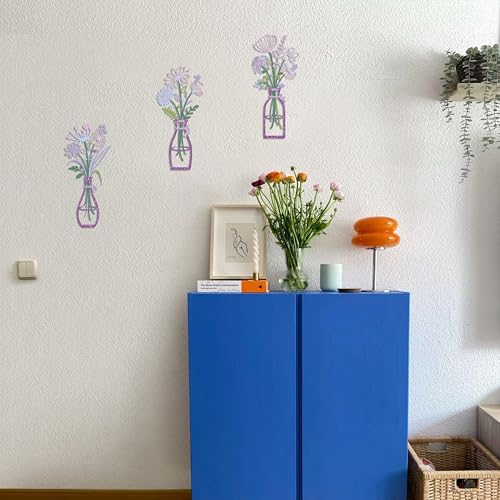 RIJINDOUJIN Metal Flower Wall Decor, 3-Piece Purple-Pink Metal Floral and Vase Art, Minimalist Wall Sculptures for Living Room, Bedroom, Bathroom, Kitchen, Lightweight and Easy to Hang - color: Purple-pink