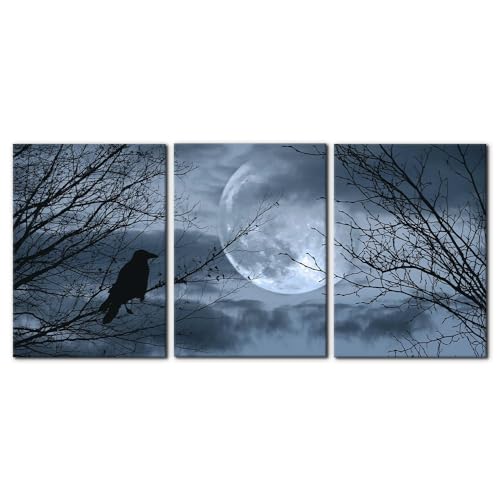 Pacimo 3 Pieces Canvas Art Wall Decor Full Moon Halloween Pictures Black and White Wall Art Painting Prints on Canvas Modern Artwork Stretched and Framed Ready to Hang - 20"x28"x3 Panel - color: Wallart-01, size: 20" x 28" x 3 Panels