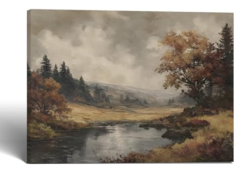 Framed Vintage River Landscape Canvas Wall Art 12x16 Inch Painting | Framed vintage river landscape canvas wall art, ready to hang, picture poster for living room, bedroom, office. - color: Brown, Green, Earth Tones, size: 12"L x 16"W