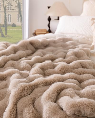 Ultra Soft Cozy Faux Fur Throw Blanket, Fuzzy Plush Thick Bubble Blanket, Oversize Luxury Fluffy Blanket for Couch, Sofa, Bedroom, and Living Room, 50x60 Inches, Light Brown - color: Bubble Light Brown, size: Throw(50" X 60")