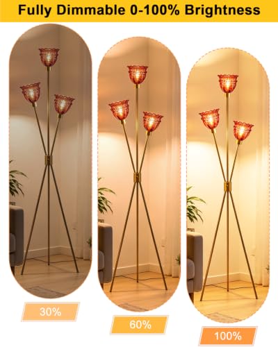 Lightdot Red Glass Tripod Floor Lamp Dimmable Gold Floor Flower Lamps - color: Red-Gold-79F