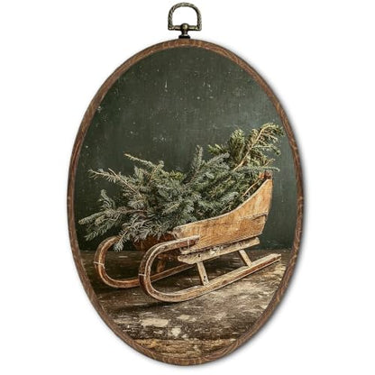FLAWAFLOMA Christmas Santa Sleigh Oval Canvas Wall Art Decor 8.6x11.4 Inch - color: Christmas-17