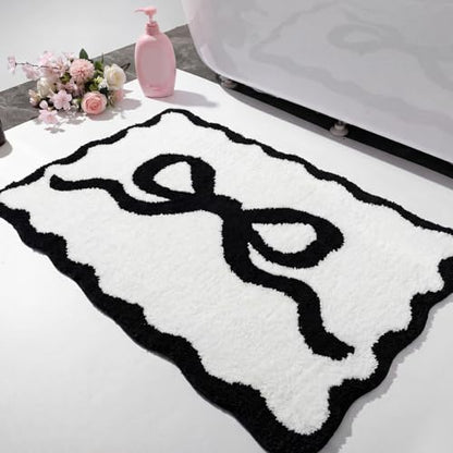 Tinideya Black Bow Bathroom Rug 36" x 24" Scalloped Bow Bath Mat - color: Black, size: 36" x 24" (Rectangular)