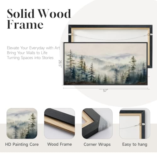 Framed Misty Forest Mountain Landscape Wall Art for Living Room, 60x30 Inch - color: Green and Gray