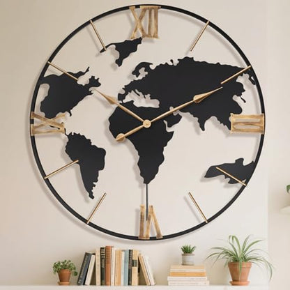 Pytha Sight 36 Inch Large Extra Metal Oversized Roman World Map Wall Clock - color: Black Roman, size: 36 inch