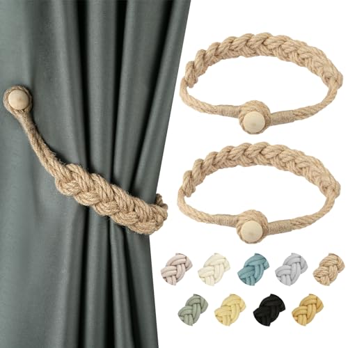 BEL AVENIR Jute Curtain Tiebacks Magnetic 2 Pack Woven Drapery Holdback - color: Jute- 2pack