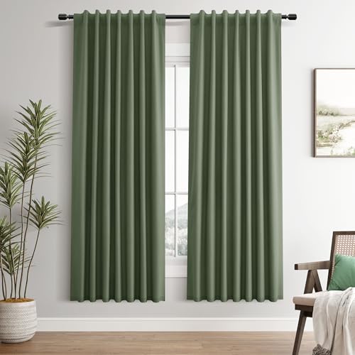Olive Green Linen 100% Blackout Curtains 72 Inches Long Back Tab Funky Textured Room Darkening Heat Blockingr Noise Reduction Curtain for Living Room Nursery Forest Green 2 Panels Set 52x72 - color: Olive Green, size: 52"W x 72"L (Pack of 2)