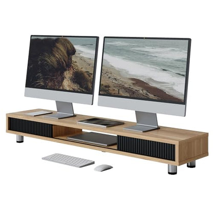 Fenge Dual Monitor Stand with Storage, Desk Shelf with Glass Sliding Door - color: Dark Oak
