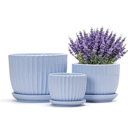 Flower Pots，Ceramic Pots with Drainage Holes & Saucers Set of 3(Sky Blue) - color: Blue