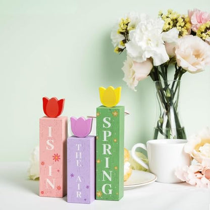 3 Pcs Spring Tulips Wood Table Decor Tulip Flower Block Signs Hello Spring Flowers Table Centerpieces Tulips Spring Holiday Decoration for Home Kitchen Office Desk Easter Decor - style: Spring Tulip