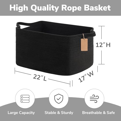 Goodpick 75L Extra Large Woven Rope Blanket Basket, Rectangle, Black - color: Black, size: 22"L x 17"W x 12"H