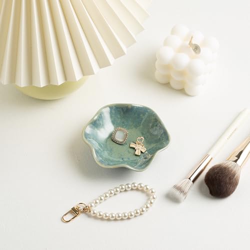 Ceramic Ring Dish, Jewelry Trinket Tray for Rings and Earrings - color: Cyan Surface