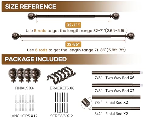 KAMANINA 2 Pack Curtain Rods for Windows 48 to 84 Inch, Antique Bronze - color: Antique Bronze, size: 48-84"(2Pack)
