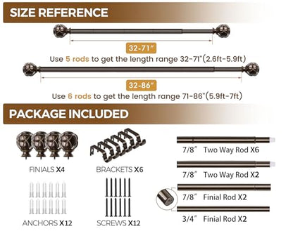 KAMANINA 2 Pack Curtain Rods for Windows 48 to 84 Inch, Antique Bronze - color: Antique Bronze, size: 48-84"(2Pack)