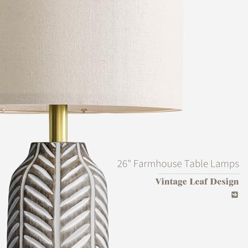 BOBOMOMO 26" Retro Farmhouse Lamps Set of 2 - Vintage Leaf Design, Living Room Lamps with Linen Shades, Rustic Resin Lamp for Bedroom, Living Room, Nightstand, Entryway, Nursery, Wood Grain - color: Weathered wood Color