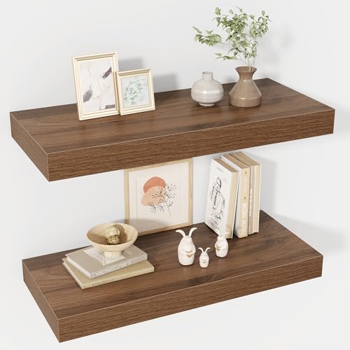 Acovy 24 Inch Floating Shelves, 12" Deep Floating Shelf Wall Mounted, 24" Wall Shelves, Rustic Deep Bookshelf, Extra Deeper & Thicker Display Shelves for Bedroom, Living Room, Walnut, Set of 2 - color: Walnut, size: 12"Wx24"L-2pcs